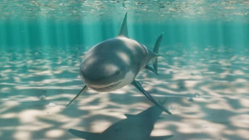 Seamless looping animation of a shark swimming in a beautiful shallow lagoon.