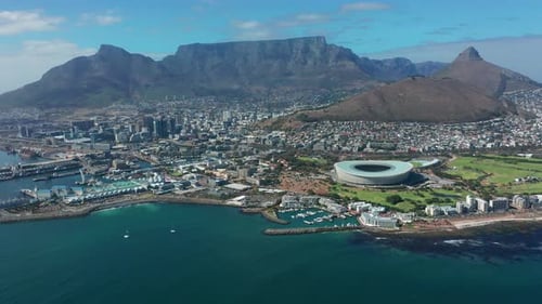 Aerial View Flying Towards the City of Cape Town with Table Mountain