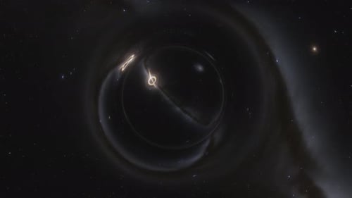 Animation eines Wurmlochs neben einem supermassiven Schwarzen Loch mit Akkretionsscheibe