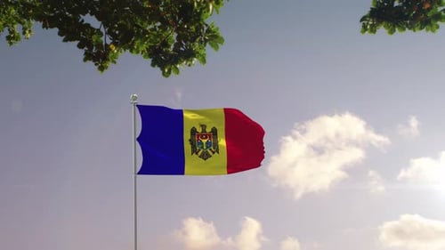 Realistic Moldova Flag Waving Against City Skyline