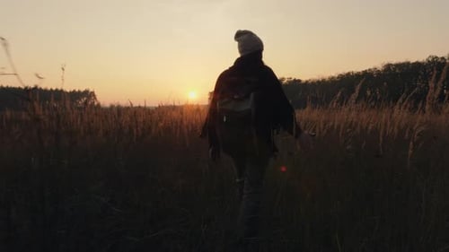Girl Walks at Sunset in a Meadow with Tall Grass