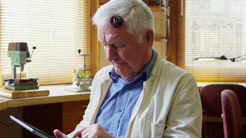 Older Man Using Tablet in Woodworking Shop