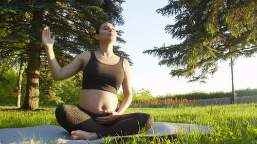 Pregnant Woman Stretching Outdoors on a Yoga Mat