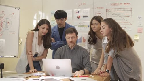 A group of multi ethnic business team talk, communicate, discuss, and work in meeting room office