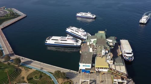 Top View From Drone of Boats Anchored in the Sea Harbor
