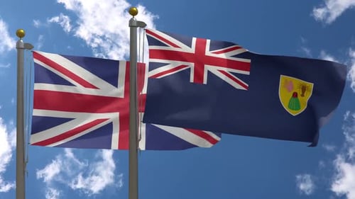 United Kingdom and Turks and Caicos Islands Flags Waving