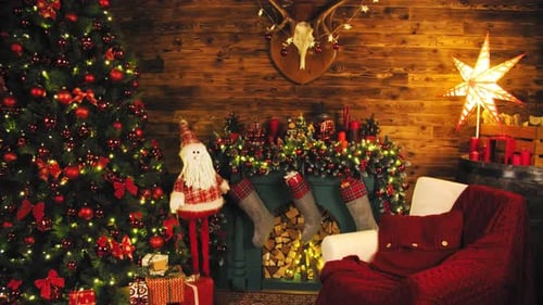 Festive Christmas Tree and Fireplace Scene