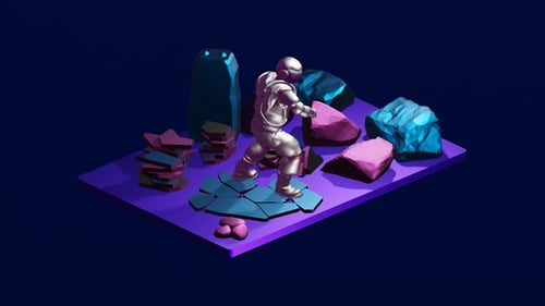 Futuristic Astronaut Exploring Alien Planet with Geometric Rocks