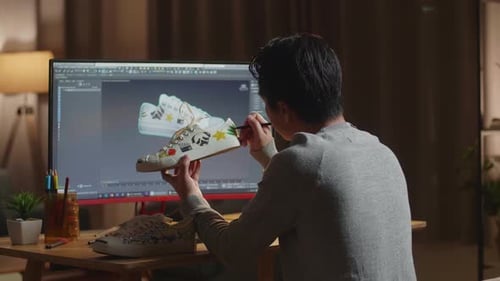 Young Adult Designer Paints Custom Sneakers at Desk