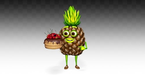 Animated 3D Pineapple Character Holding Birthday Cake