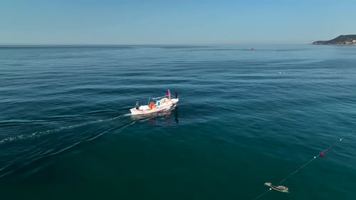 Fishing boat goeas to sea aerial view Turkey Alanya 4 K