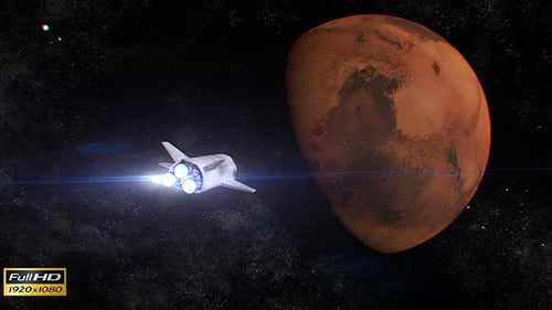 Futuristic Spaceship Flying Towards Red Planet Mars
