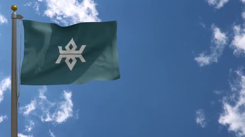 Realistic Waving Flag with Abstract Symbol Against Blue Sky Loop