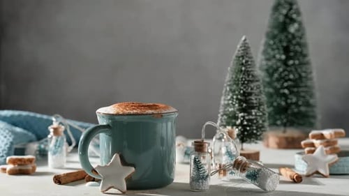 Festive Hot Chocolate with Marshmallows and Christmas Decor
