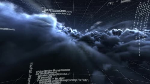 Futuristic Data Stream Flying Through Digital Clouds