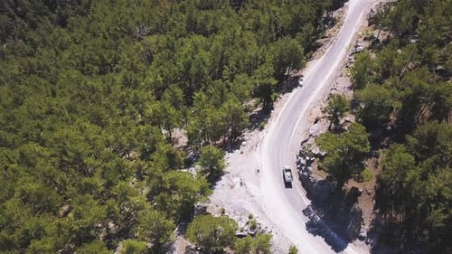 Aerial view over mountain road going through forest at National Park