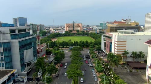 Aerial view on street in Semarang downtown leading to Simpang Lima, Indonesia
