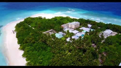 Aerial above landscape of tropical bay beach vacation by blue green sea and white sandy background o