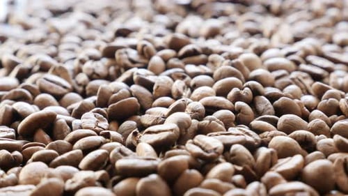 Kaffeebohnen geröstet und bereit zum Mahlen langsam kippend flach DOF 4K 2160p UltraHD Footage - Bac