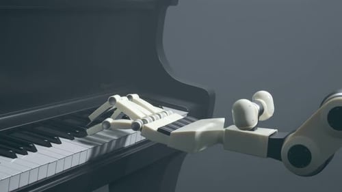 Futuristic Robotic Hand Playing Grand Piano Keys