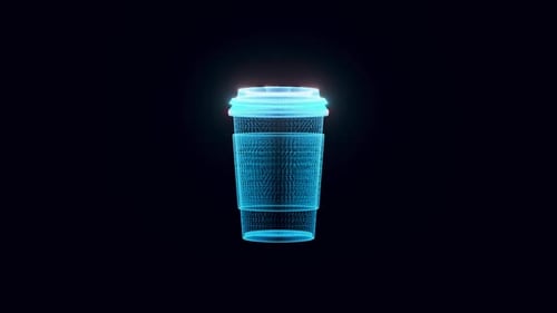 Holographic Wireframe Coffee Cup with Pulsating Scan Animation