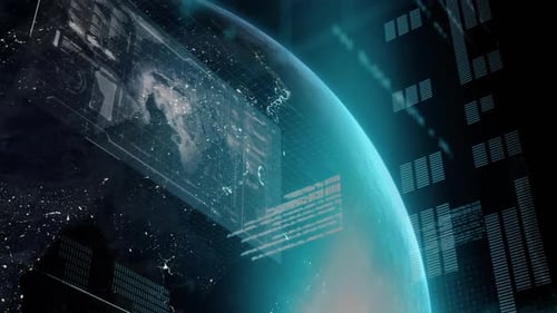 Animation eines Wissenschaftlerbildschirms über dem Globus im Weltraum