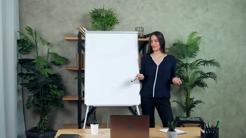 Woman Presenting at Whiteboard in Bright Office