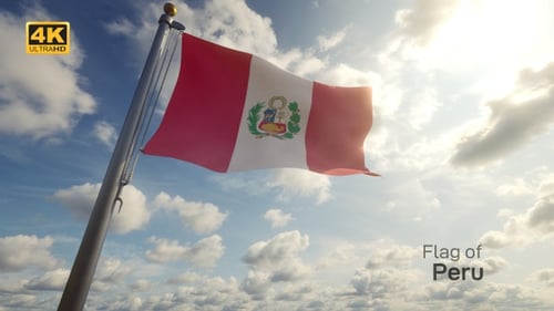 Realistic Peruvian Flag Waving Against a Bright Blue Sky