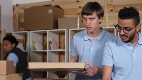 Three Multiethnic Post Office Clerks Processing Packages
