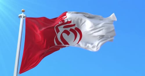 Realistic Waving Flag with Custom Emblem on Blue Sky