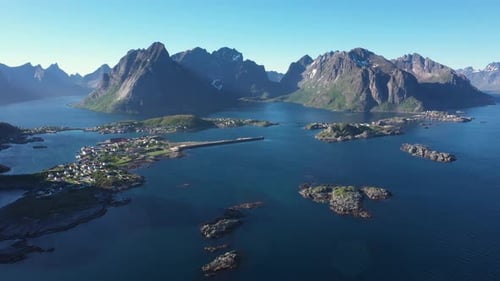 Flight Above sea and view on the fishing village Reine and Hamnoya ,Lofoten Islands,Norway