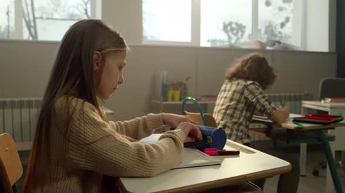 Cheerful Girl Sitting at Desk in School