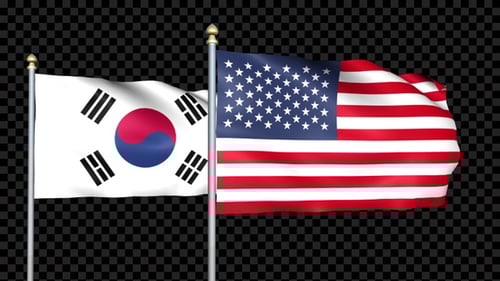 Realistic South Korea and USA Flags Waving with Alpha Channel