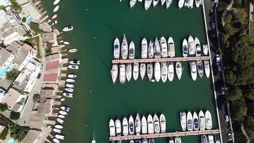 Aerial: Boats in the bay of Cala D'Or, Mallorca