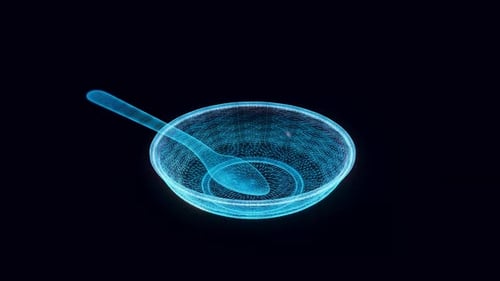 Glowing Futuristic Wireframe Bowl and Spoon 3D Animation