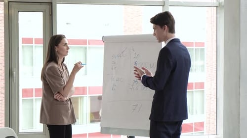 Zwei professionelle Business-Coaches, Unternehmensleiter und Lehrer halten eine Flipchart-Präsentation.