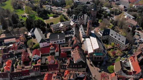 Beautiful flight over the fortress and park in the center of Weinheim. Germany.