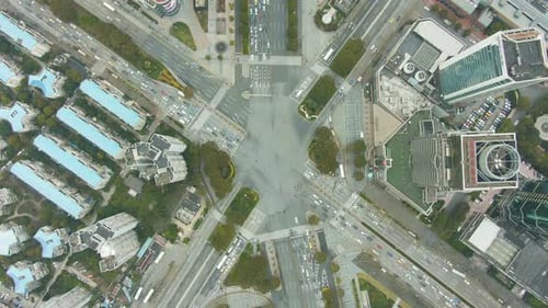 Complex Road Crossing in Shanghai, China. Aerial Vertical Top-Down View