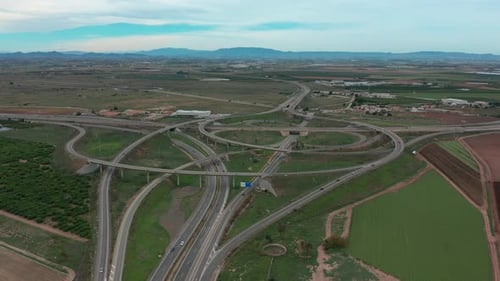 Aerial Drone Accent Large Road Intersection Highway From High Altitude, Modern City Traffic Car Move