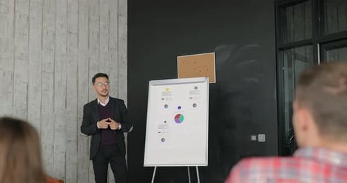 Empresario dando una presentación a sus colegas en la oficina