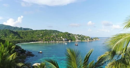 Turquoise seawater and beautiful beach behind coconut palm trees at the island