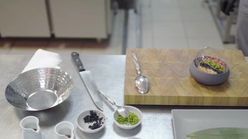 Delicious Dish with Raw Tuna and Salmon in Modern Restaurant Kitchen