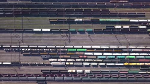 Aerial View of Railway Sorting Station and A Lot of Wagons at a Railway