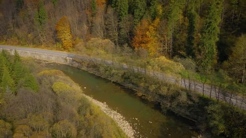 Aerial View of the Road and the River Near the Autumn Forest