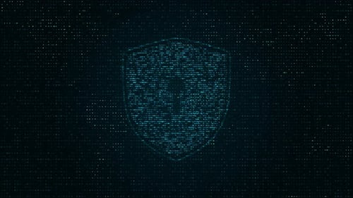 Blue particle security shield on particle abstract background