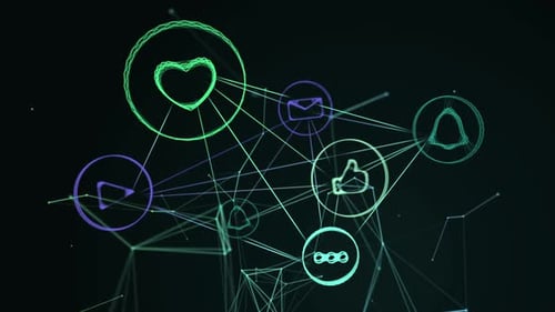 Animation of green and purple light trails with icons on green background