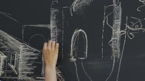 Drawing Landscape with Chalk on Blackboard Close Up