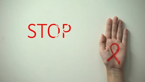 Stop AIDS Inscription, Hand With Red Ribbon, Awareness and Prevention Campaign