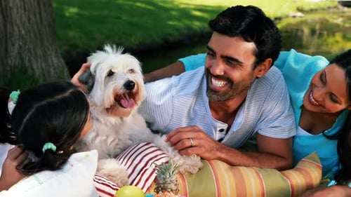 Family enjoying together with their pet dog in park