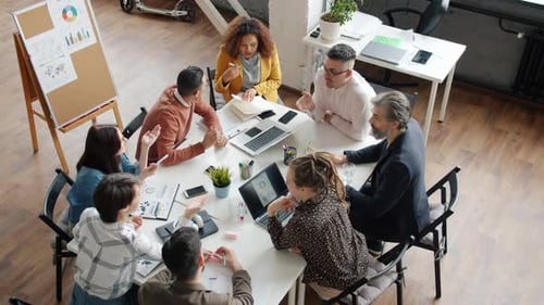 Office Workers Creative Team Talking Then Doing Highfive Hand Gesture Working Together
